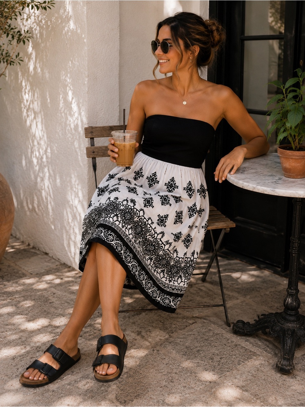 WHBM Black White Embroidered Strapless Midi Dress Boho Size 6